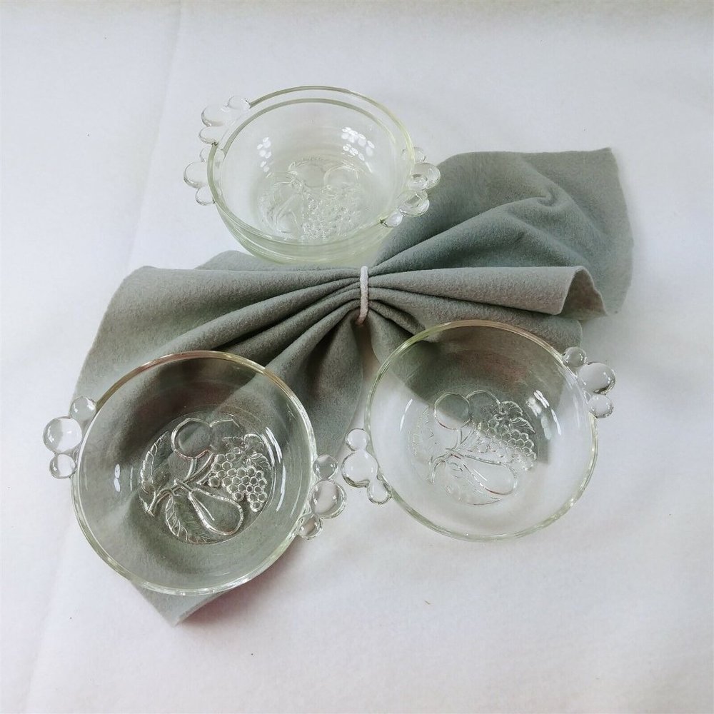 Dessert Bowls Glass Fruit Design on Bottom Bubble Handles Set of 4